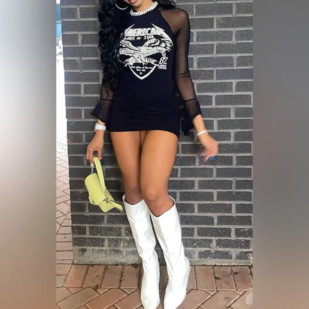 AMERICAN DARK⭐️STAR Live Free & High 1982 Sheer Ruffle Cuffs Sleeves Mini Dress - Picture 9 of 13